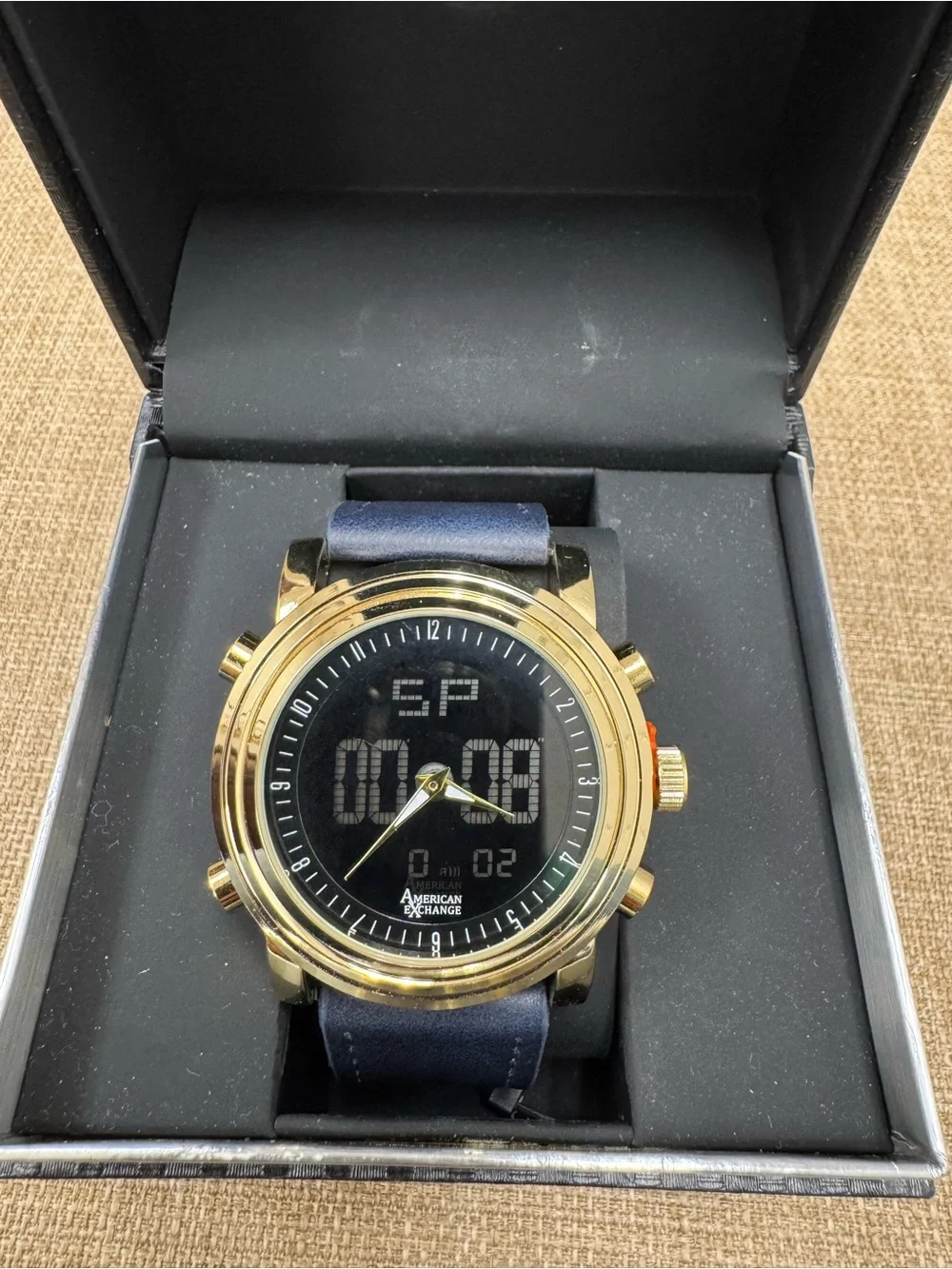 American Exchange Men’s Quartz Analog-Digital Watch Blue Leather Strap Gold Box